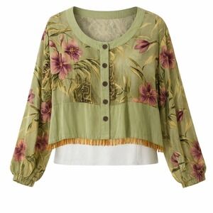 Paradiso Floral Button Down Fringe Beaded Trim Rayon Top Green Purple Hawaiian L